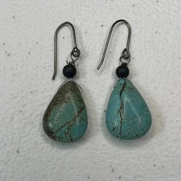 Vintage Turquoise Slab Stone Earrings Dangle Fish Hook Bohemian Gemstone - Picture 1 of 4